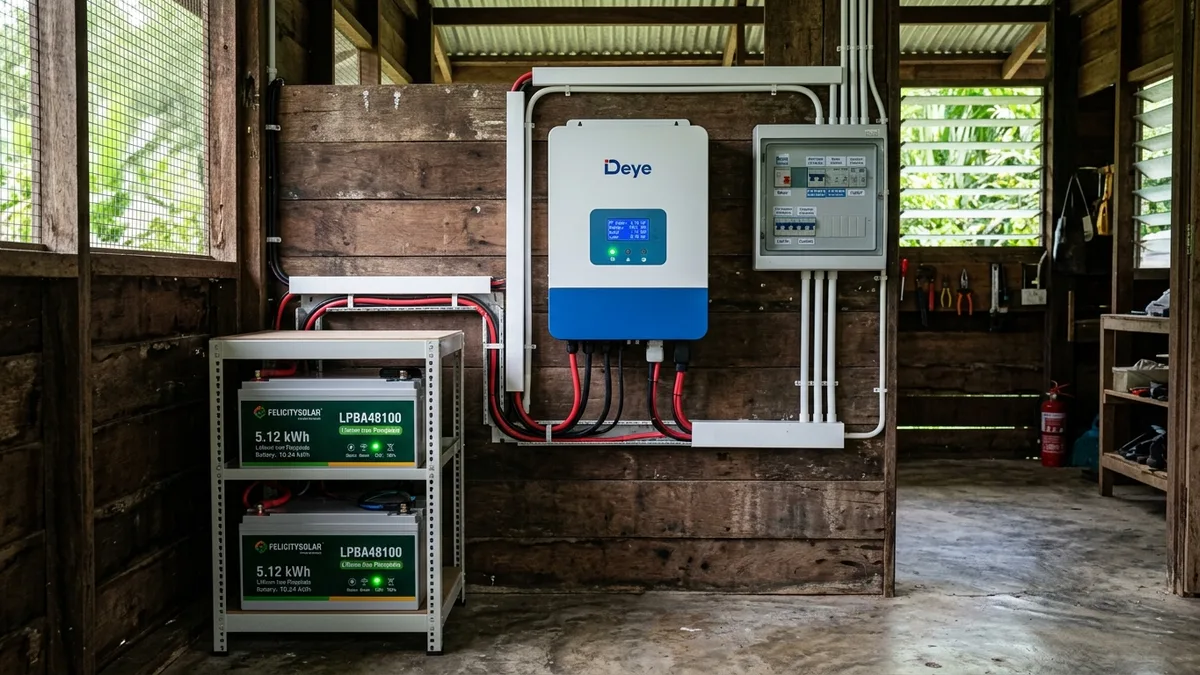 Reference build 10 kWh LiFePO4 battery rack and 5 kVA hybrid inverter