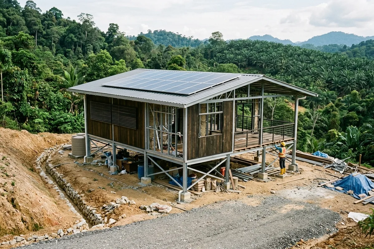 Off-grid homestead steel-frame build at five months with solar roof and graded hillside in Malaysia